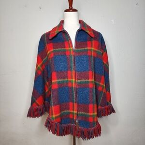 Vintage 70's Pioneer Wear Red Plaid Wool Collared Poncho Size Small